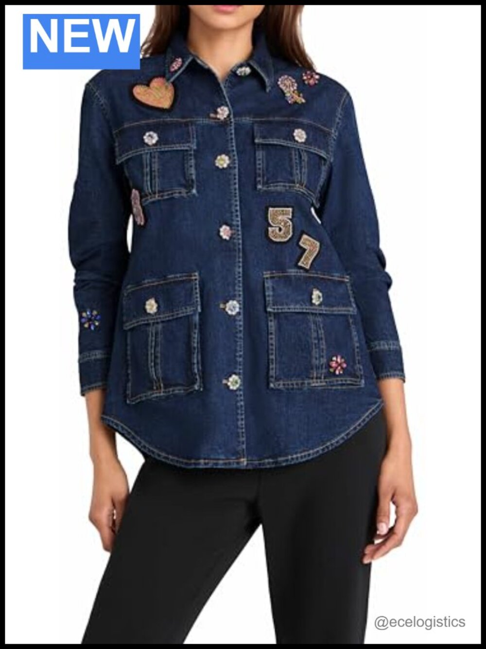 Retro Denim Jacket 3/4 Sleeve Jeweled Buttons Embellished Cotton